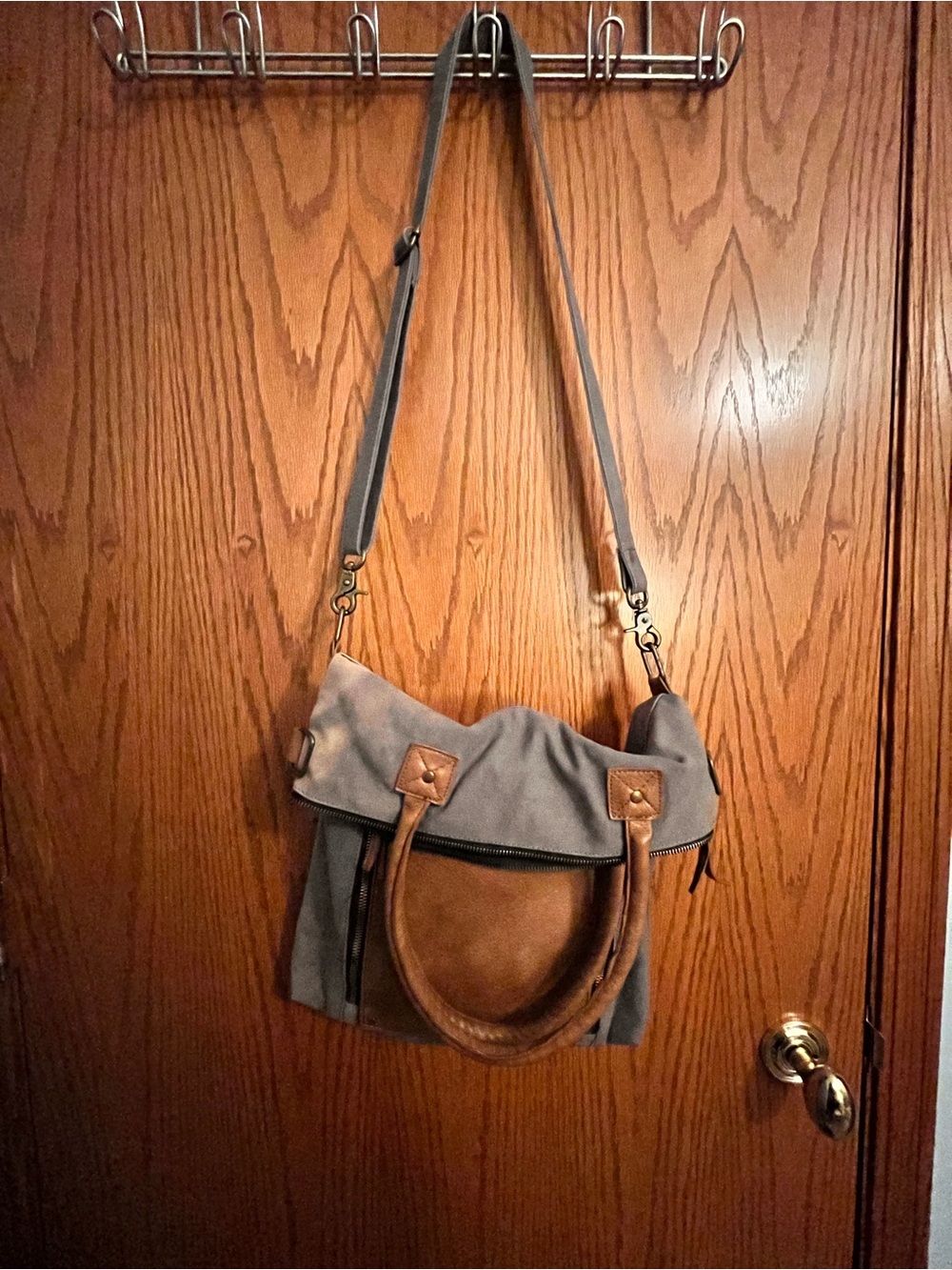 Mona B Gray Canvas Shoulder Bag with Brown Leather Handles